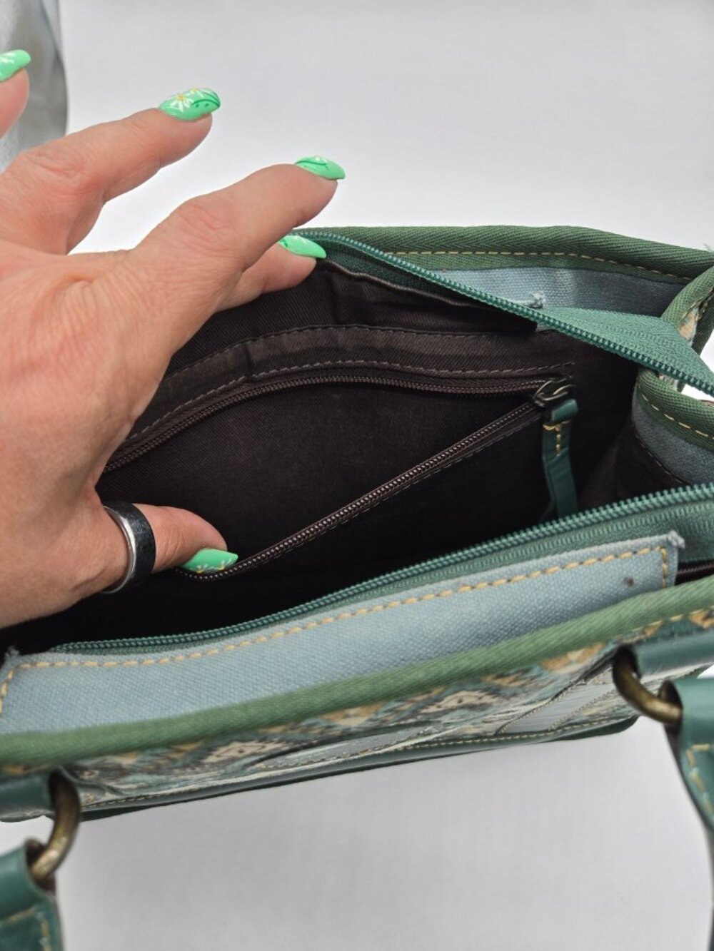 Myra Hunter Green Cream Double Handle Purse Bag *No Crossbody Strap - Picture 7 of 8